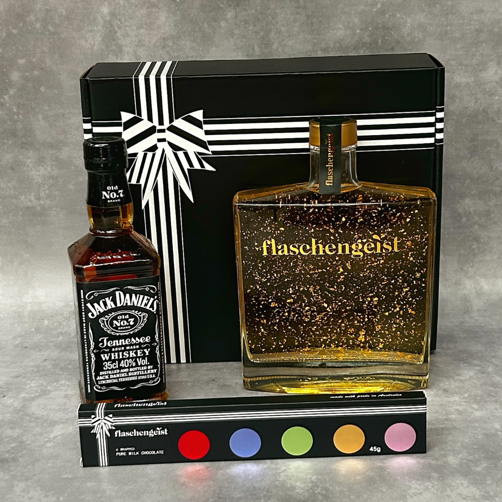 Jack Daniel's 350ml & Flaschengeist Luxe Bottle 700ml with Honey Highland Liqueur + Gold Flakes and Chocolates