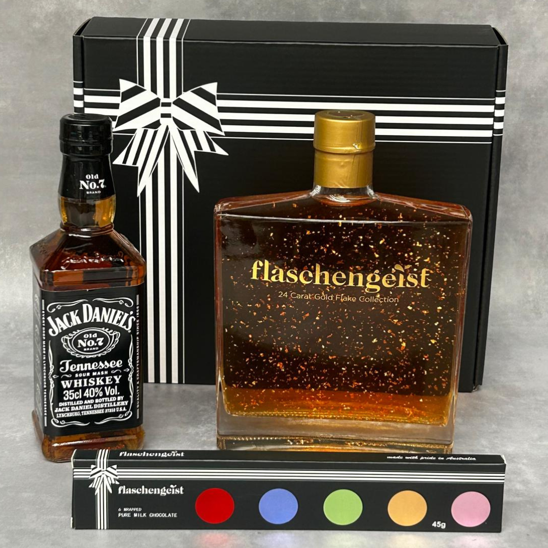 Jack Daniel's 350ml & Flaschengeist Luxe Bottle 700ml with Honey Highland Liqueur + Gold Flakes and Chocolates