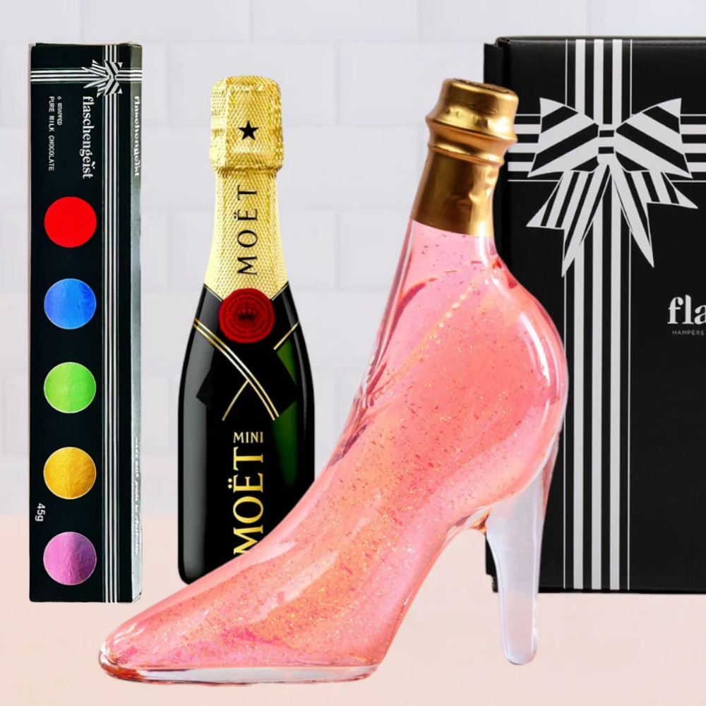 Flaschengeist Shoe Bottle Gift Hamper with Moët & Chandon, Pink Gin & Fine Chocolates | A Luxurious Celebration Gift