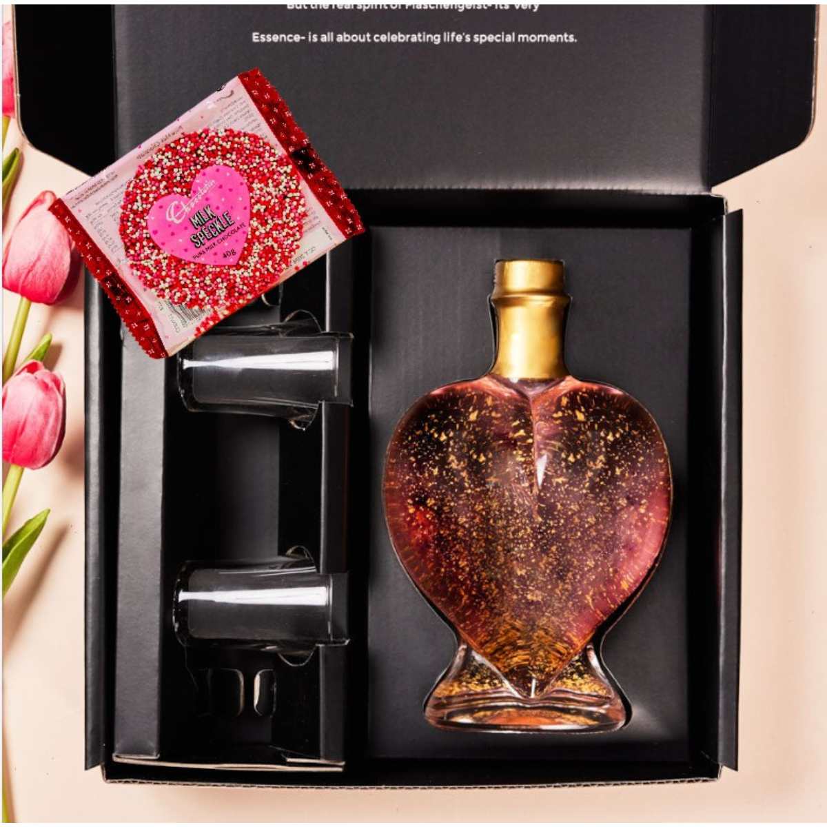 Love Heart Bottle - Raspberry Liqueur 24ct Gold Flakes and Freckle Choc - Gift Box