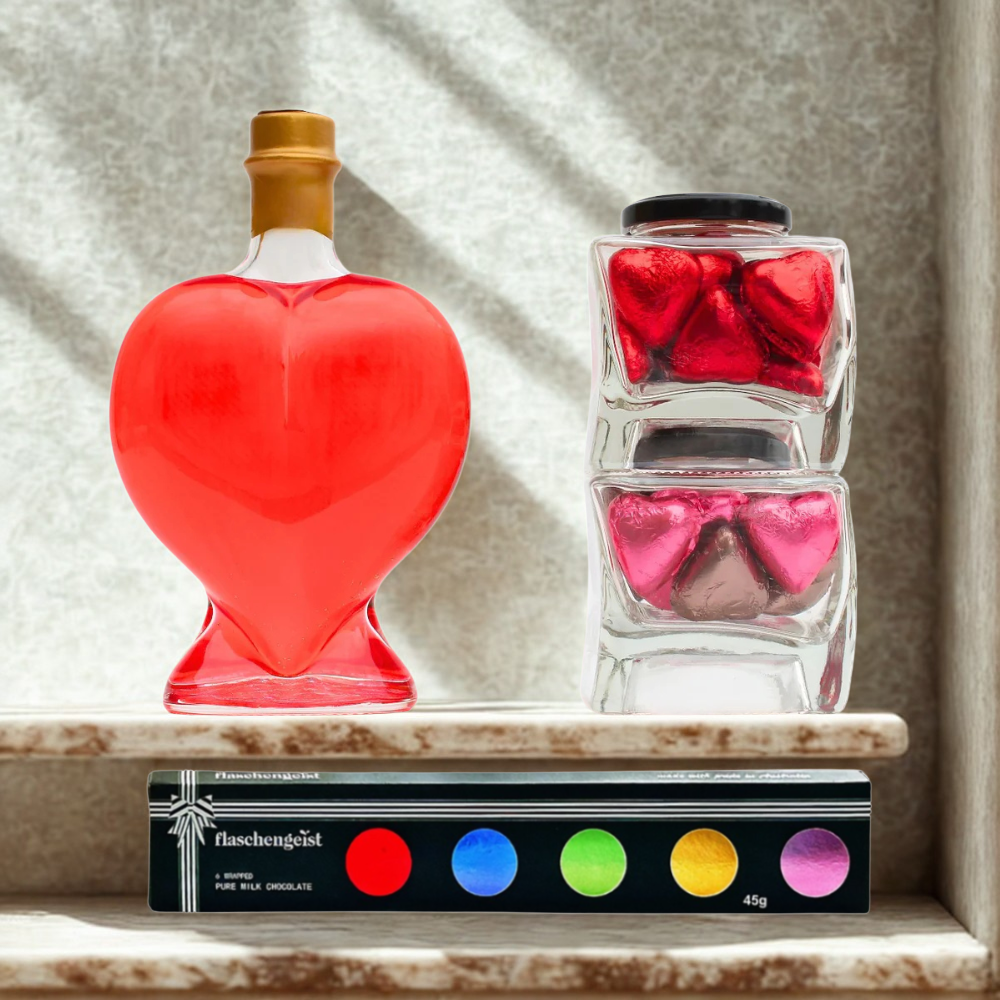 Love Heart Raspberry Liqueur and Love Heart Chocolate Duo Jar Gift Set + Chocolates