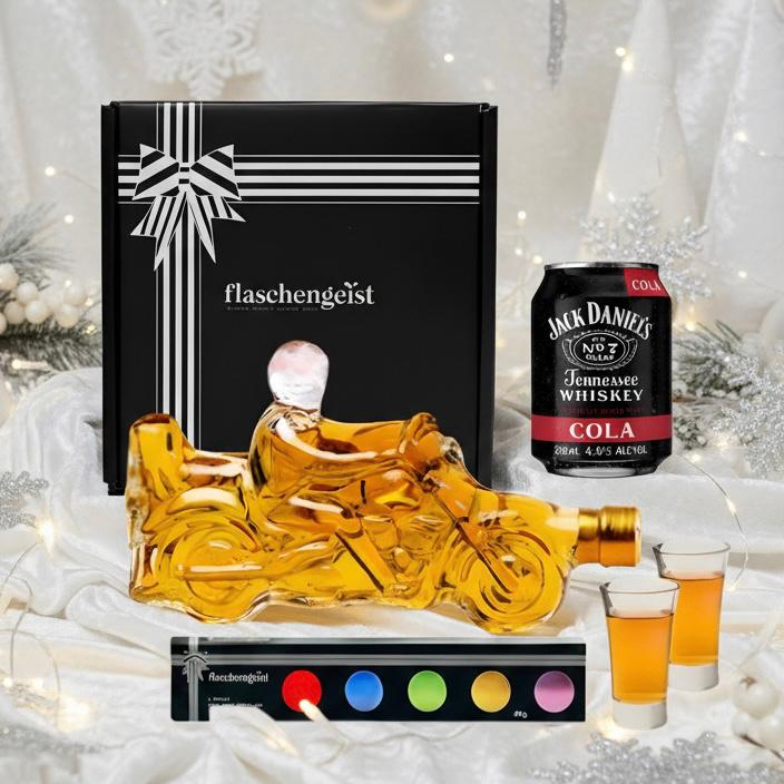 Flaschengeist Motorbike Gift Hamper - Honey Highland Liqueur 350mL & Jack Daniel's Cola Can 250mL + 2 Shot Glasses + Chocolates | Christmas 2025