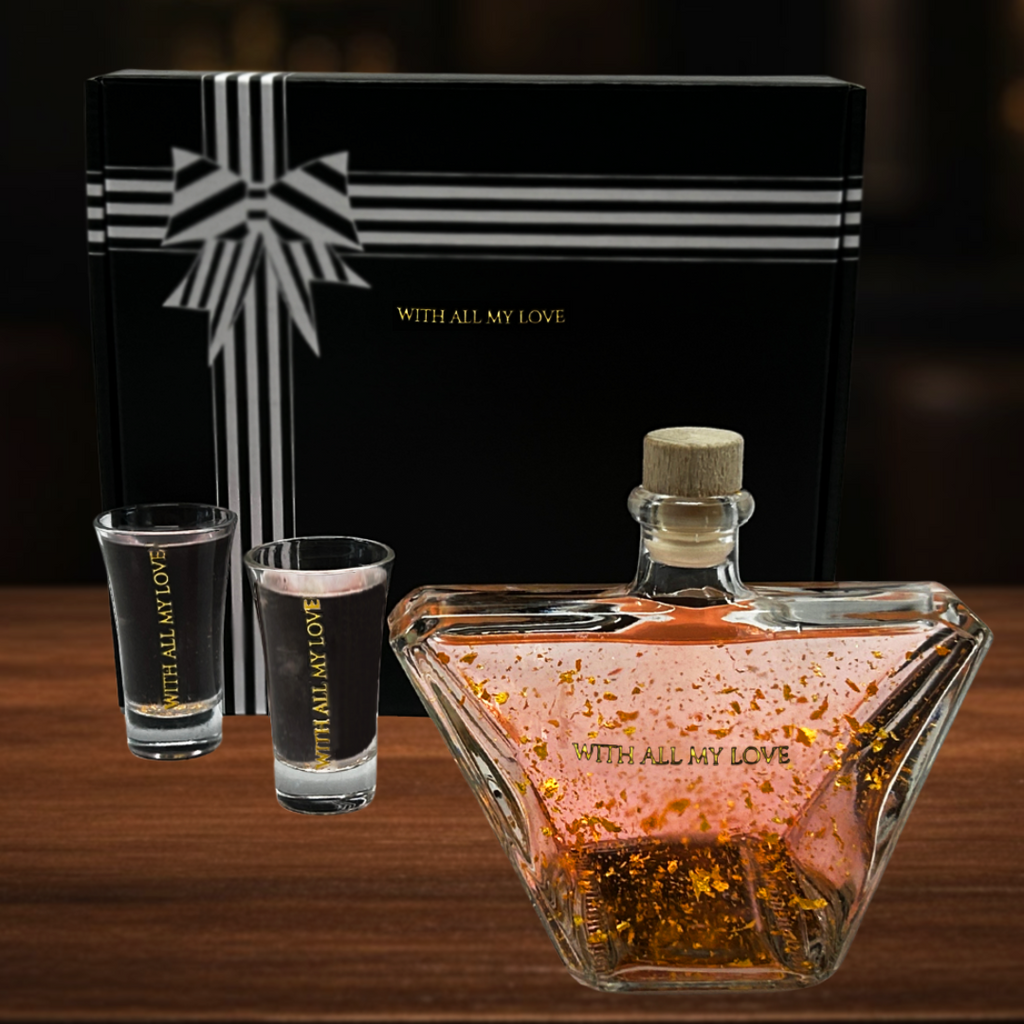 Flaschengeist Amadeus 500ml Decanter + 24 Carat Gold Flakes + Flaschengeist Fine Chocolate + 2 shot glasses Collection | Personalised Luxury Gift