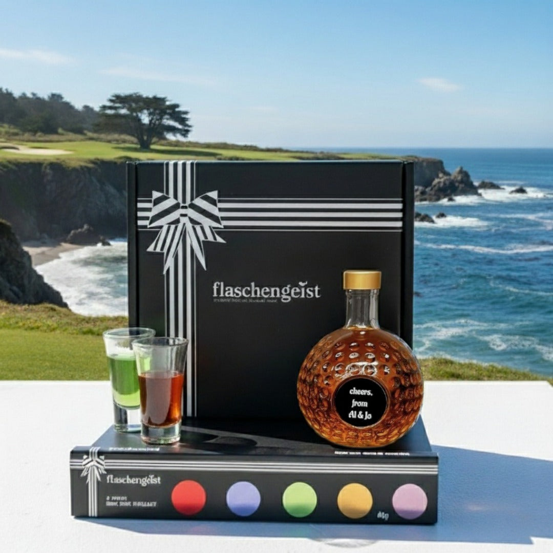 Flaschengeist Ultimate Personalised Gift: FREE Photo or Message on Our 500ml Golf Ball Gift Hamper 2 shot glasses + Flaschengeist Fine Chocolates