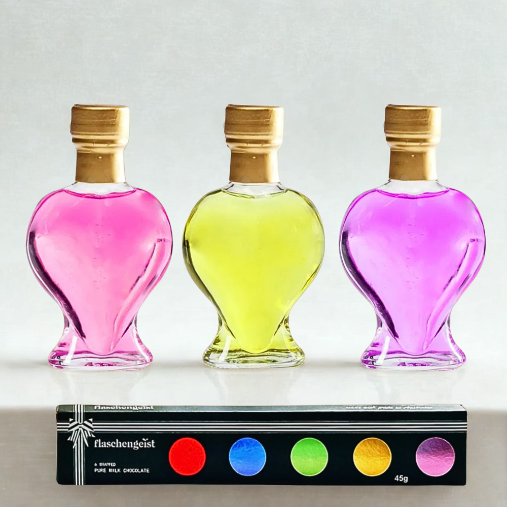 Flaschengeist Heart Bottle Gift Set with Tropical Cocktail Liqueurs & Chocolates | The Ultimate Tropical Cocktail Kit