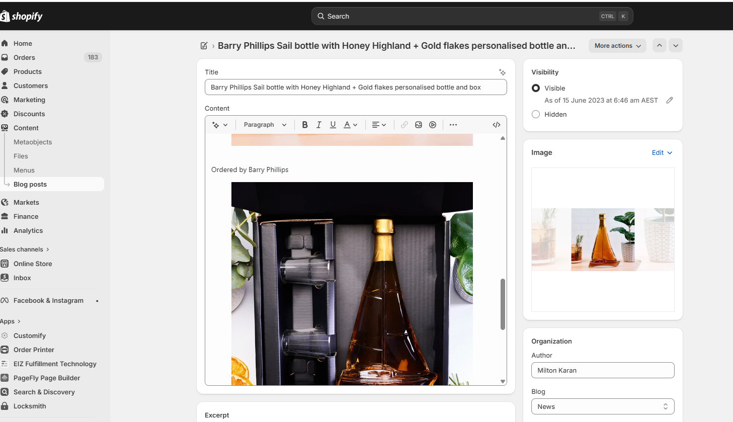 Barry Phillips Sail bottle with Honey Highland + Gold flakes personalised bottle and box