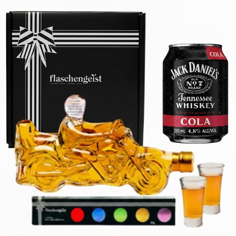 Flaschengeist Motorbike Gift Hamper - Honey Highland Liqueur 350mL & Jack Daniel's Cola Can 250mL + 2 Shot Glasses + Chocolates