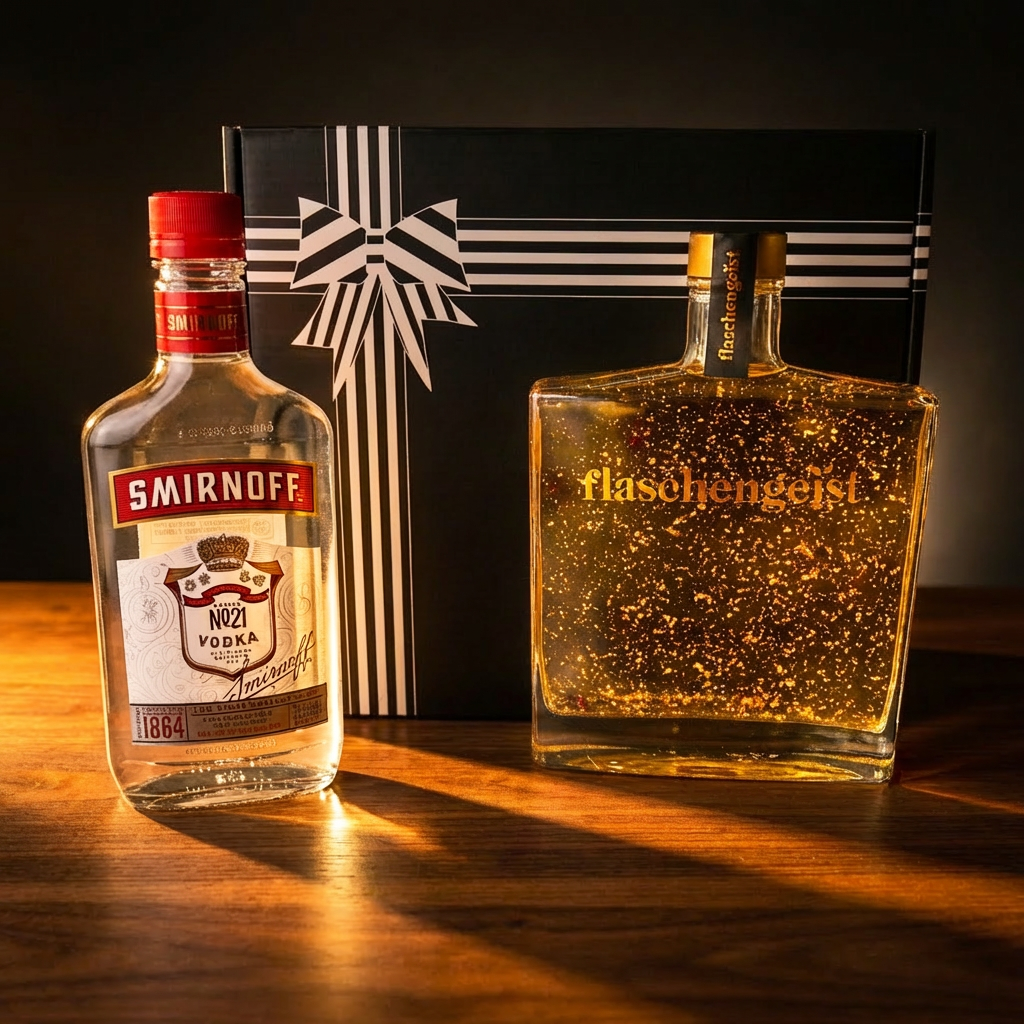 Flaschengeist Luxe glass decanter with gold flakes and premium vodka pairing