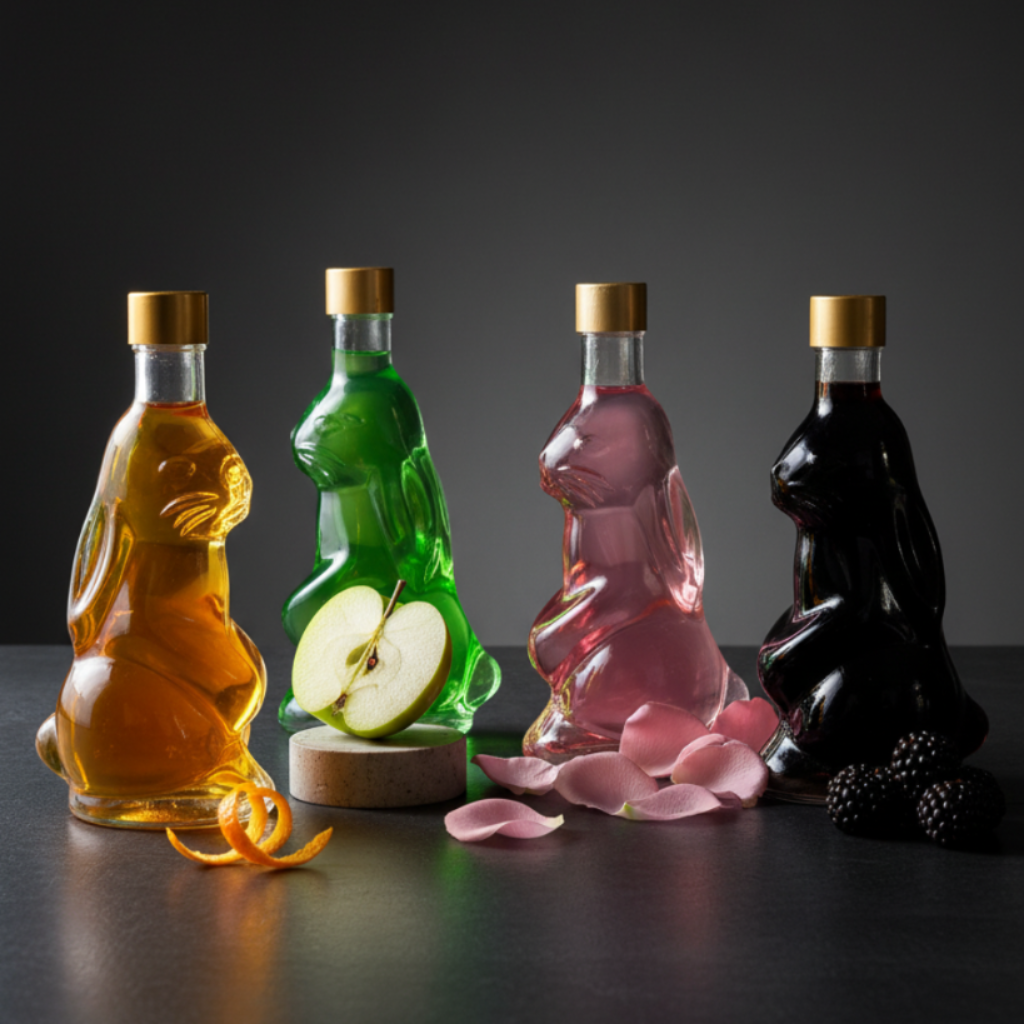 Four glass bottles shaped like rabbits with different colored liquids on a dark background